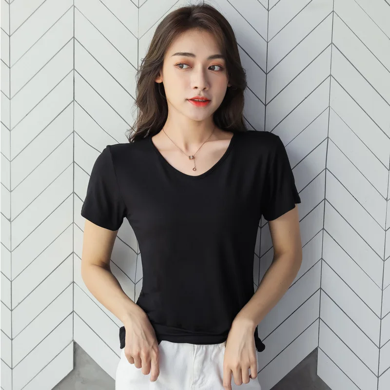 

Women Short-sleeved Summer V-neck T-shirt Low-necked Loose Bottom Top