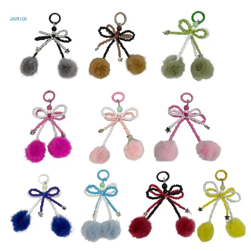 

Colorful Bowknots Keyring Furry Ball Beaded Key Chain Stylish Pendant Decor