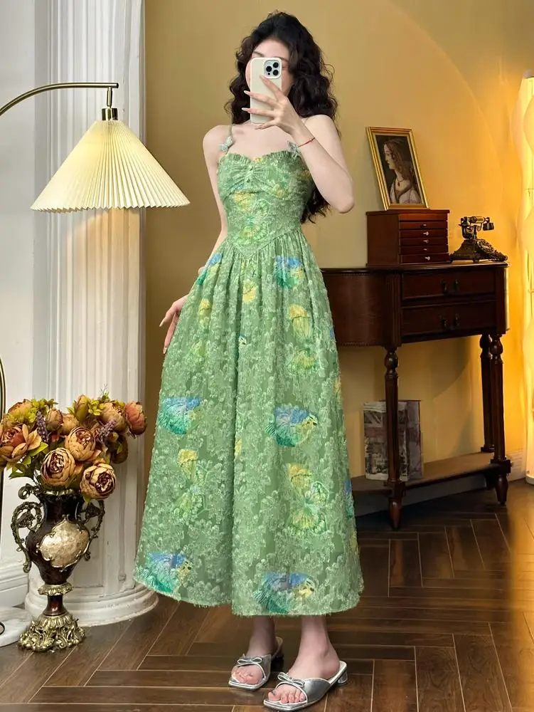Summer New Floral Printed Spaghetti Strap Midi Dleevees for Women High Waist Holiday Style Korean Fashion One Piece Vestido