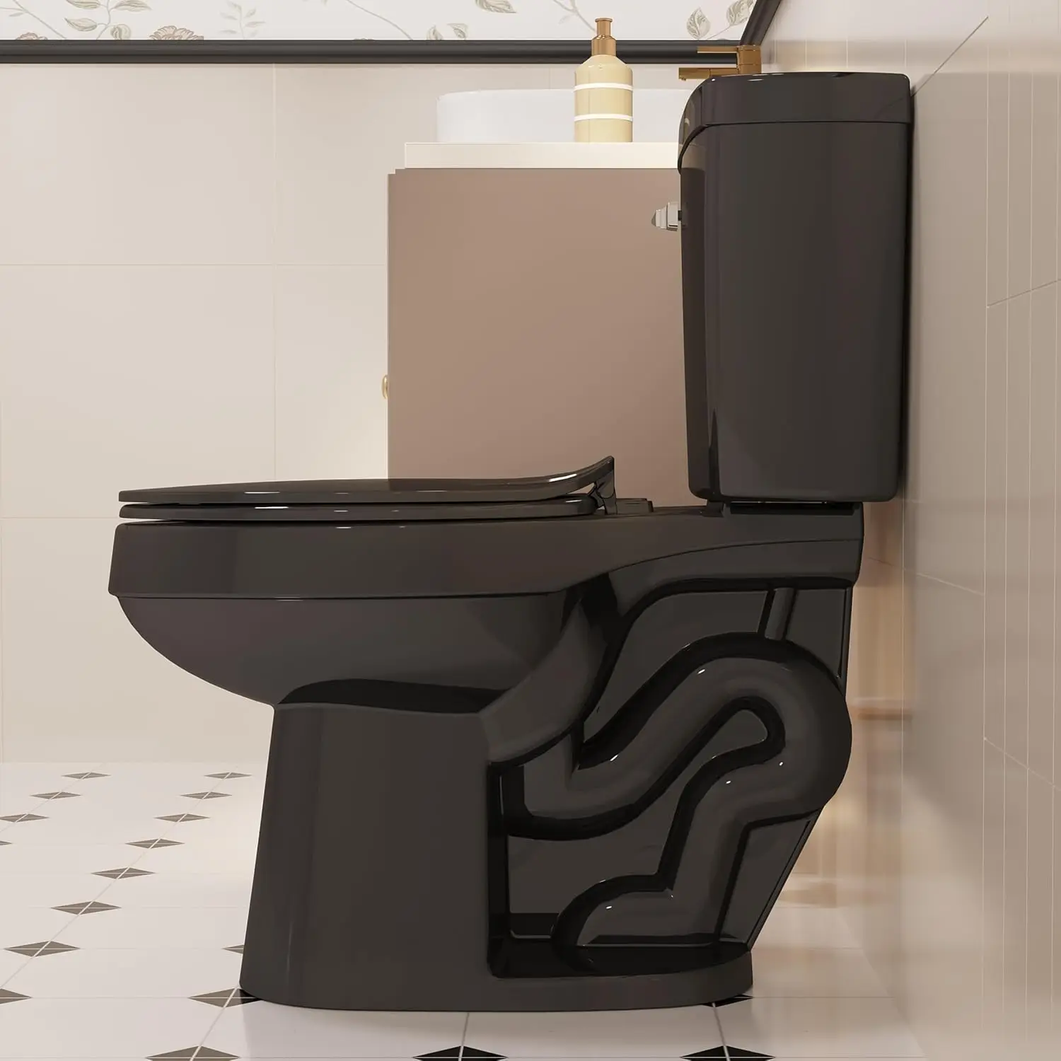Two Piece Elongated Toilets ADA Chair Comfort Height 16.5" Powerful Single Flush 1.28 GPF 12” Rough In with Side Trip Lever 4