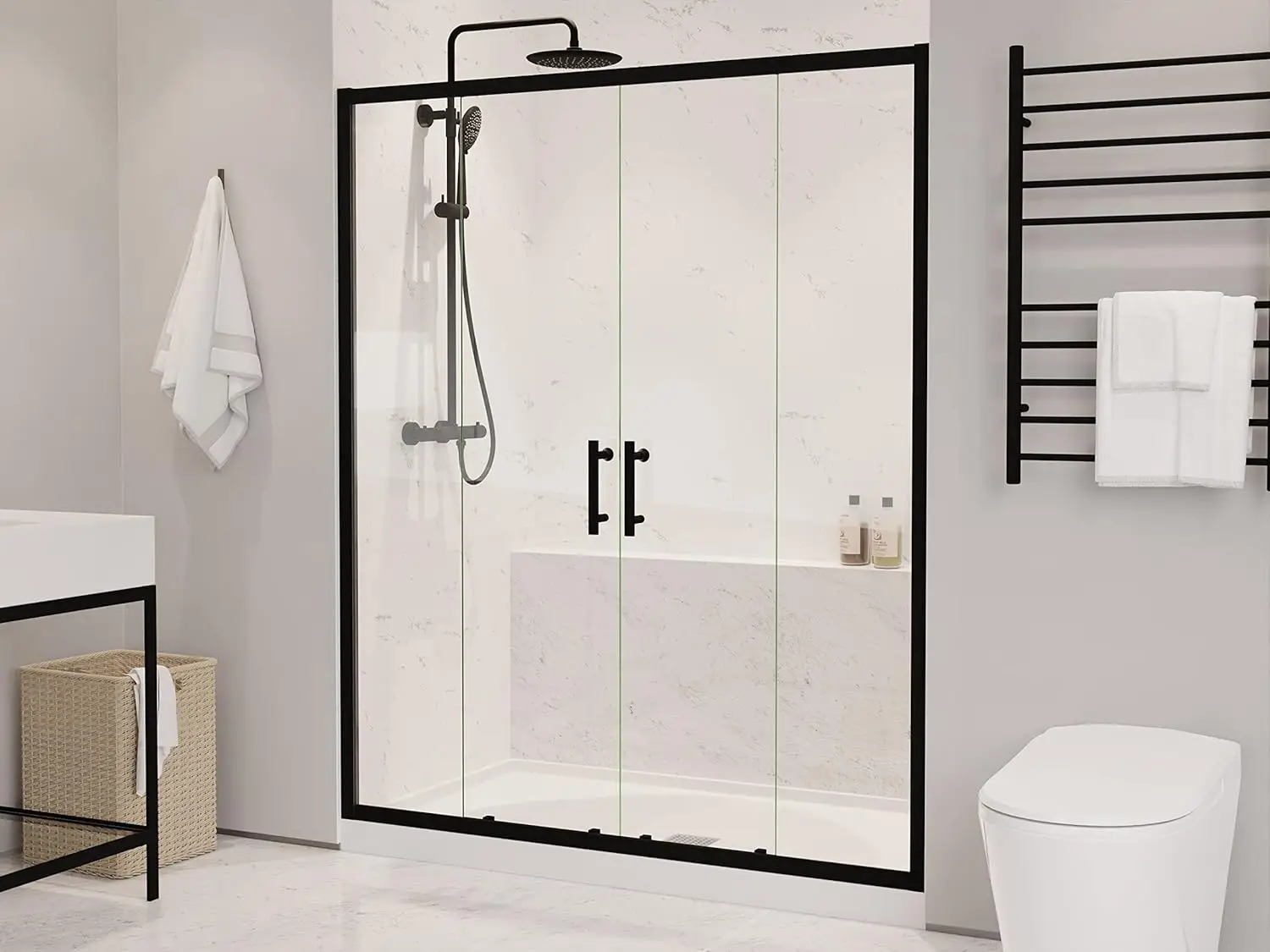 Framed Double Sliding Shower Door Resistance Free Hinges Smooth Opening and Closing Clear Tempered Glass Matte Black