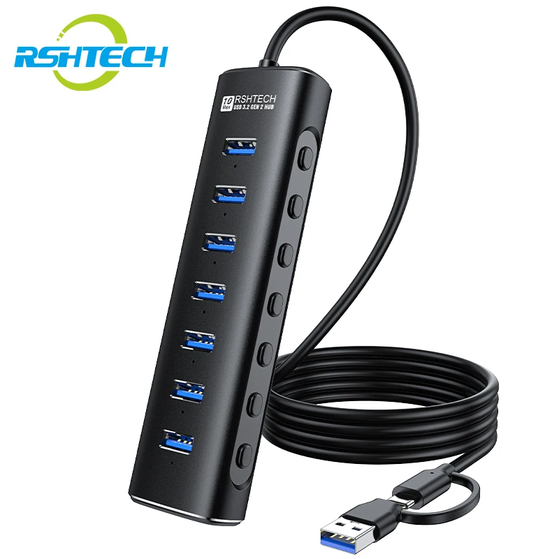 RSHTECH USB Hub 7 Ports USB 3 2 Gen 2 Splitter 10Gbps USB-A to USB-C Data Cable Individual Switches USB C Hub for Laptop PC 2