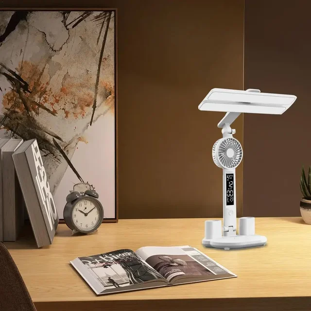 Rechargeable Table Lamp for Study Desk Lamp Reading Light Led Dual Head Table Light with Fan Led Clock Dispaly Reading Lamp 5