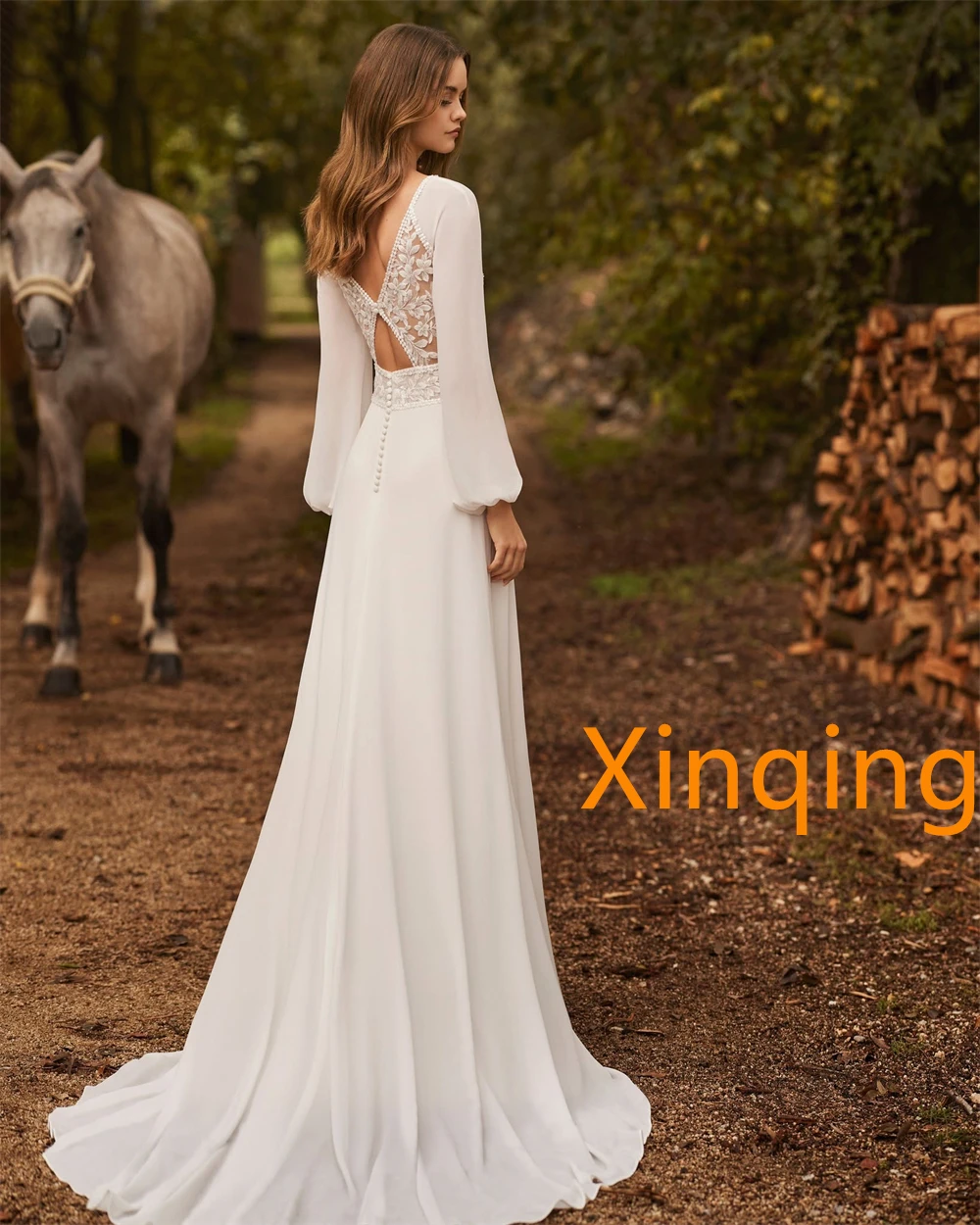 Customized Elegant White Chiffon Wedding Dress with O-Neck Long Sleeves Sexy Court Train Backless Special Occasion Gowns