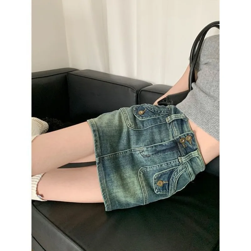 American Retro Hotsweet Summer Denim Skirts Women New Pocket Button Fashion Youth High Waist Slim Bag Hip Cowboy A-line Skirt