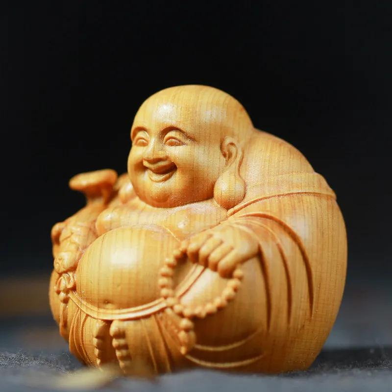 Woodcarving Miniature Desktop Ornaments Maitreya Buddha Wooden Laughing Buddha Craft Gift Chinese Style Handle Buddhist supplies
