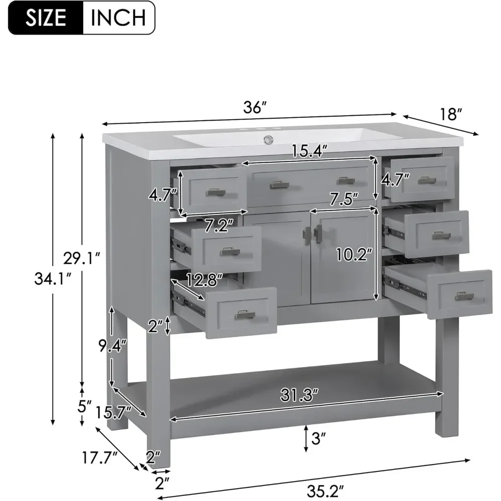 36" Bathroom Vanity with Sink, Bathroom Storage Cabinet with Soft Closing Doors and 6 Dovetail Drawers, Modern Vanities