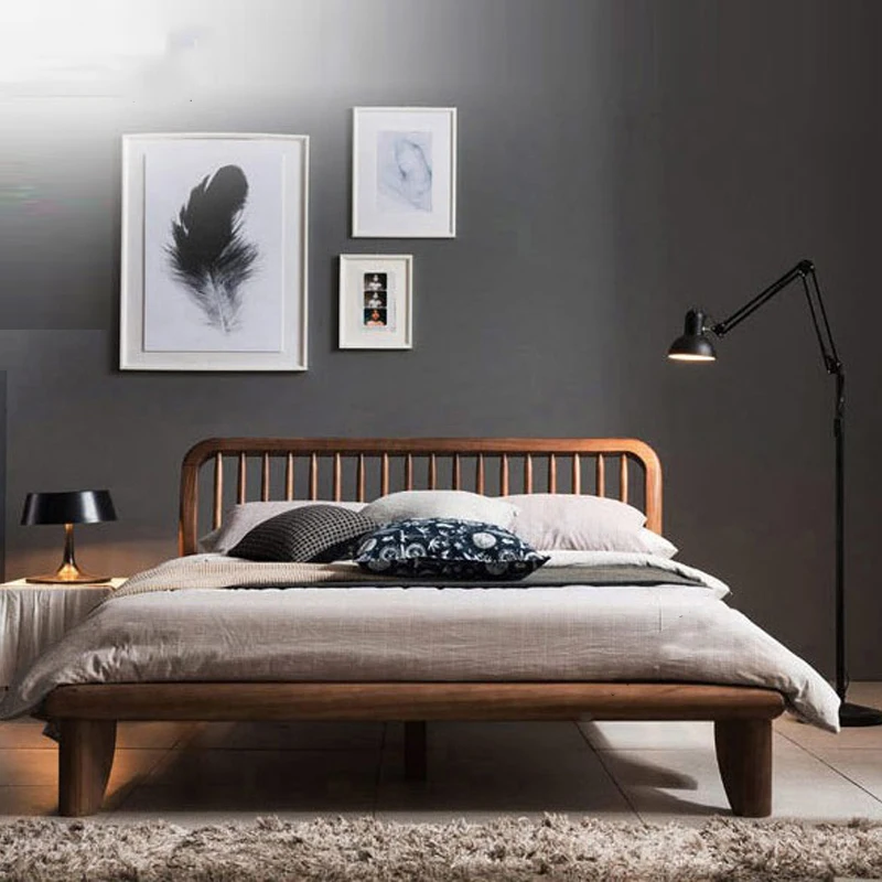 

Custom North American black walnut solid wood bed bedroom modern simple Nordic red oak bed double bed furniture custom