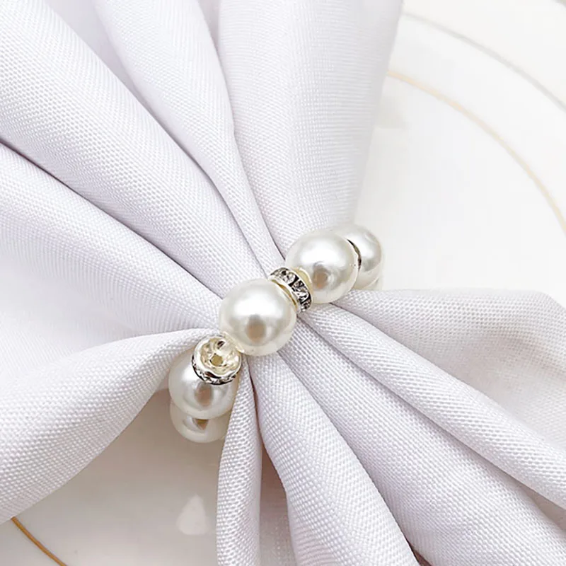 10Pcs Golden Napkin Rings Elegant Pearl Elastic Serviette Holder For Wedding Party Banquet Adornment