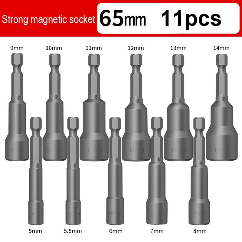 

11PCS 65mm Electric Strong magnetic 1/4‘ 6.35mm hex Shank Hex Screw Nut Driver Socket Wrench 5-14mm Power Impact Drill Bit Tools