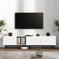 77 Inch Modern TV Stand for TVs Up to 80”, Minimalist Entertainment Center with 3 Cabinets & Open Shelves, Media Console Table 1