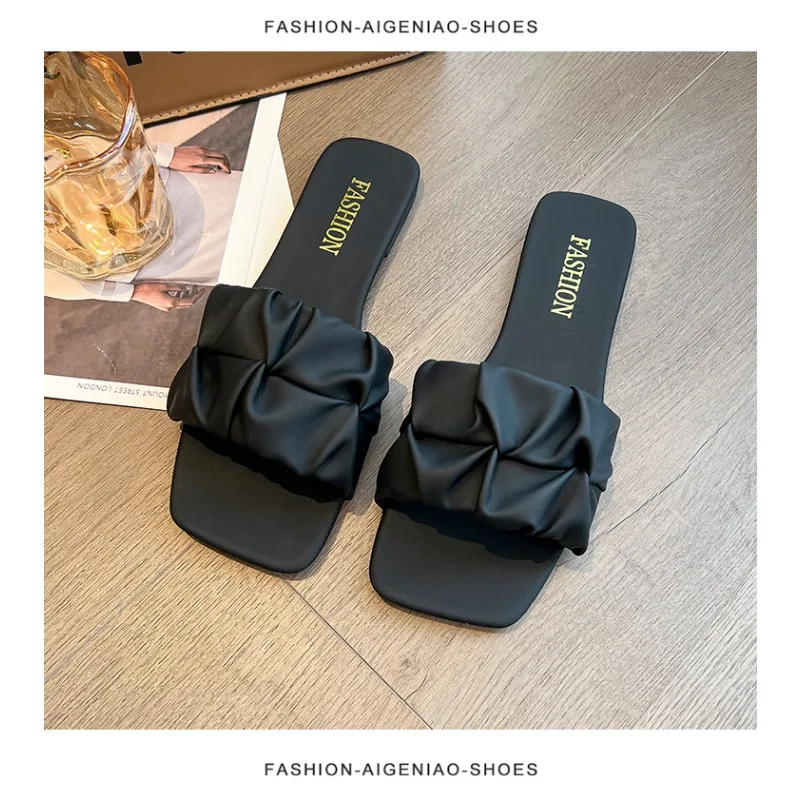 Summer Slippers for Women Flip Flops Flats  New Pleated Korean Slippers Women Sandals Green Slip on Shoes Big Size 35-42