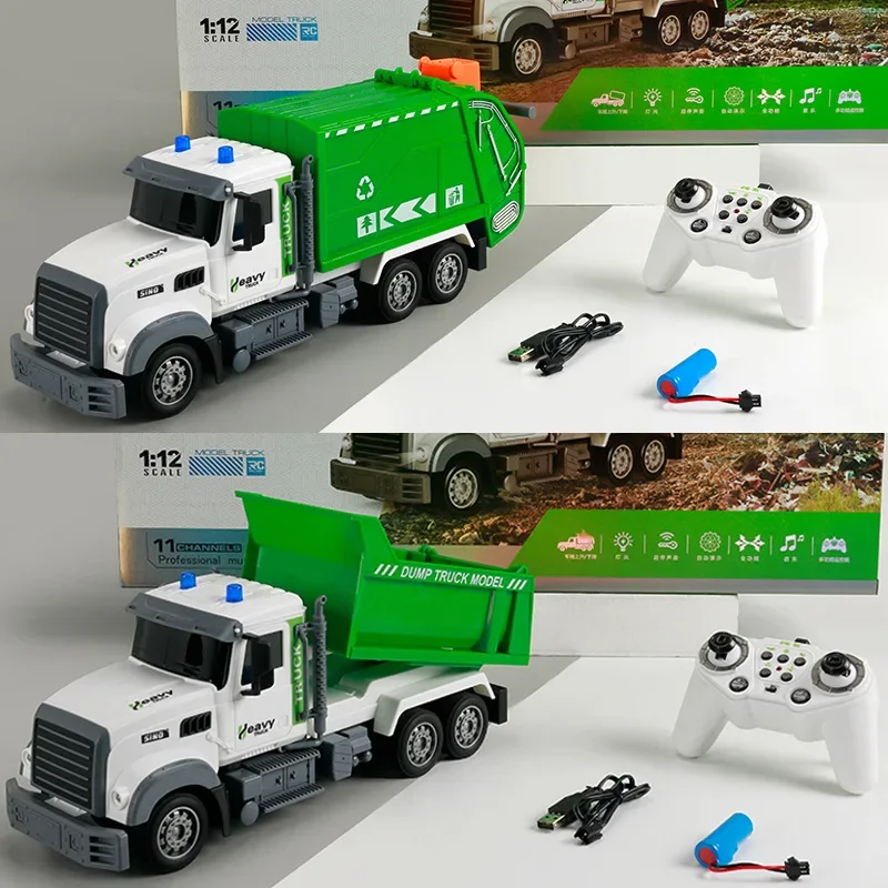 Rc Garbage Truck 1/12 Toy with Lights Scale Radio Controlled Car Sanitation Vehicle Recycling Cars Early Learning Boys Toys