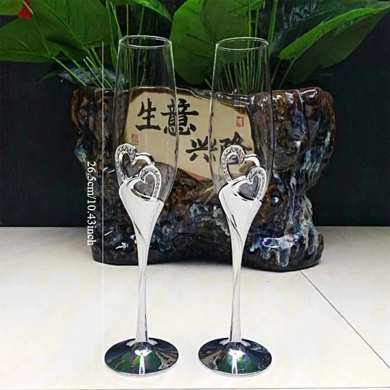2pcs Wedding Champagne Glass Set Toasting Flute Glasses with Crystal Rimmed Hearts Decor Drink Goblet Cup