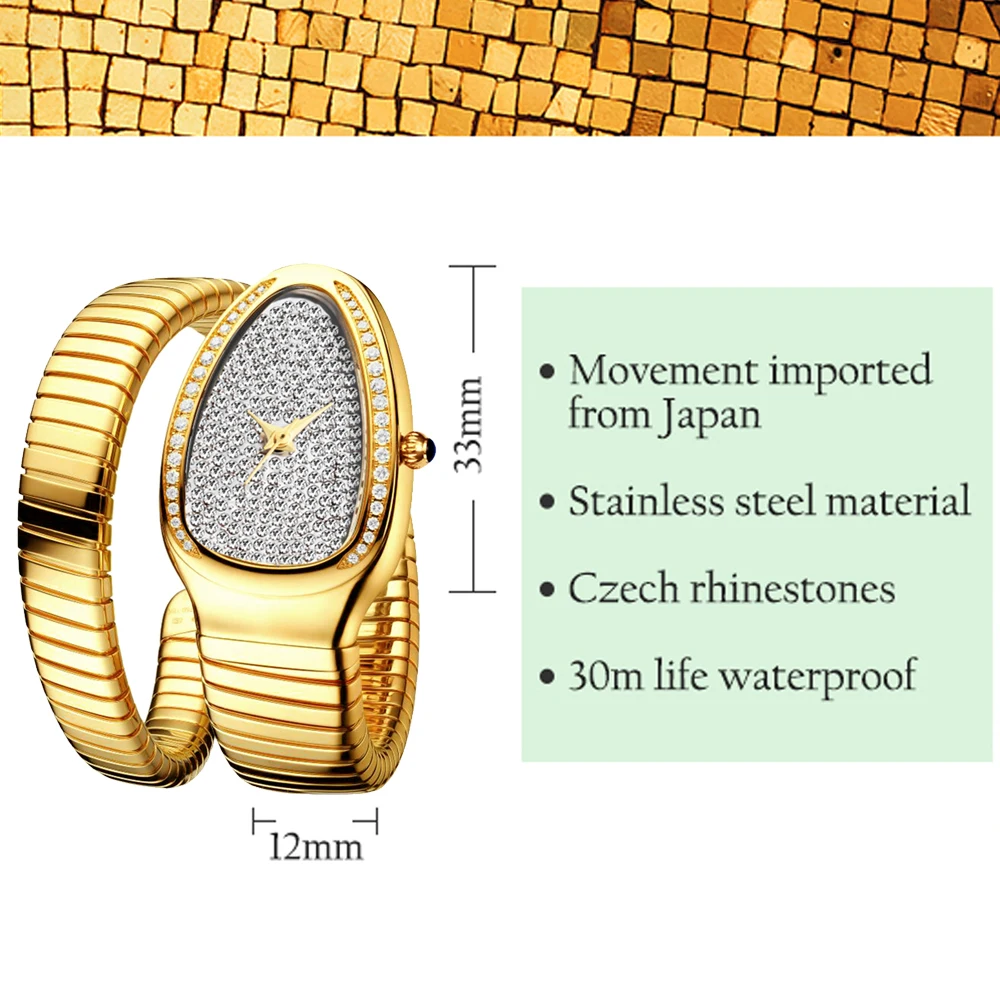 Elegent Snake Head 18K Gold Plated Womens Watches Lady Full Iced Out Diamond Dial Bezel Fexible Bracelet Quartz Watch for Women
