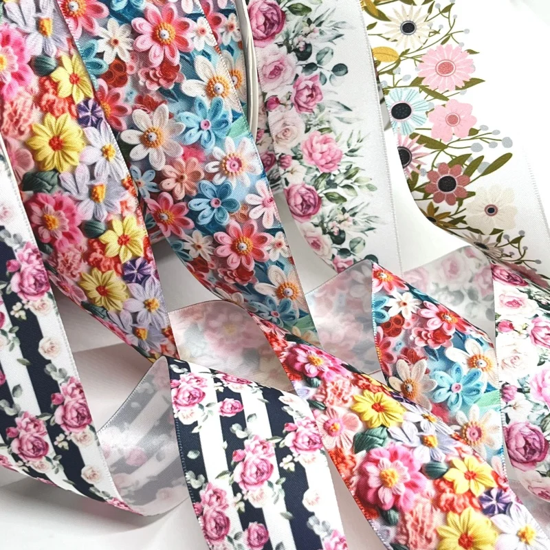 Flowers Satin Ribbon 38mm 5Y for Handmade Craft Patchwork Bows Christmas Easter Marriage Deco Gift Floral Packing