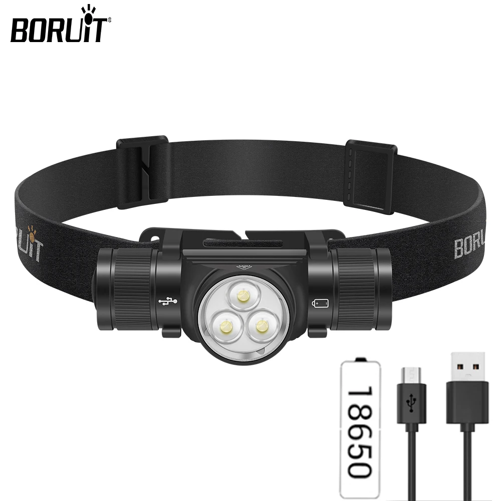 

BORUiT Super Bright LED Headlight 18650 Battery Type-C Rechargeable Headlamp Waterproof Work Head Torch Fishing Camping Lantern
