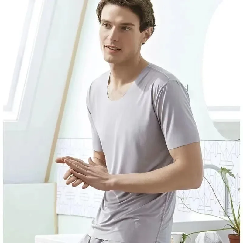 Men's two-piece ice silk pajamas Loungewear men's Plus Size Pajamas Home Set Men's summer thin modal short sleeve pajamas - Image 3