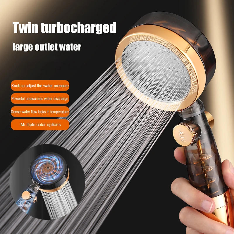 NewDesignDoubleTurboShowerHeadHighPressureWaterSavingWithAdjustableButtonBuiltin