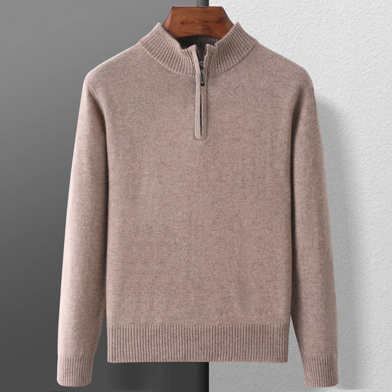 100% Goat Cashmere Men Mock-neck Sweater Zipper Pullovers Autumn Winter Thick Classical Solid Loose Knitwear Korean Men Clothes 2