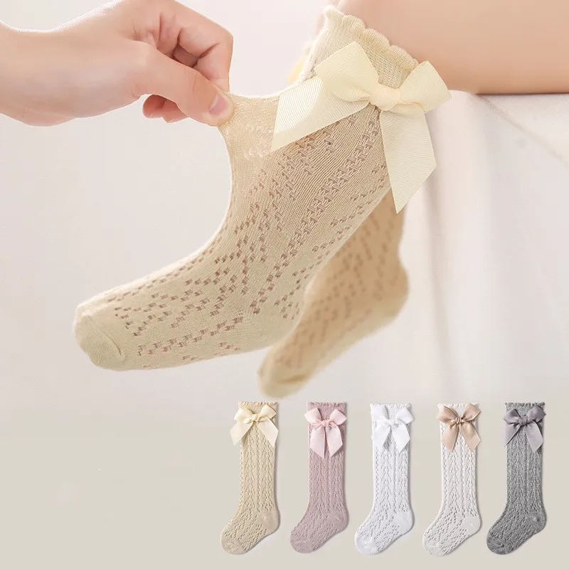 Newborn Infant Baby Girls Long Stockings Princess Solid Color Cute Bowknot Socks Spring Summer Thin Mesh Over-The-Knee Socks