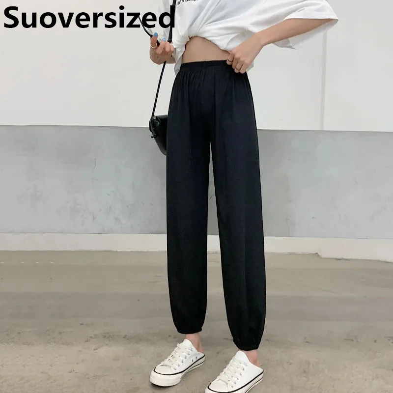 Women's Oversized 5xl Summer Thin Ankle-length Harem Pants Loose High Waist Ice Silk Trousers Fashion Korean Casual Sweatpants do old ankle length straight jeans women casual elastic high waist baggy harem denim pants vintage pantalones oversize vaqueros