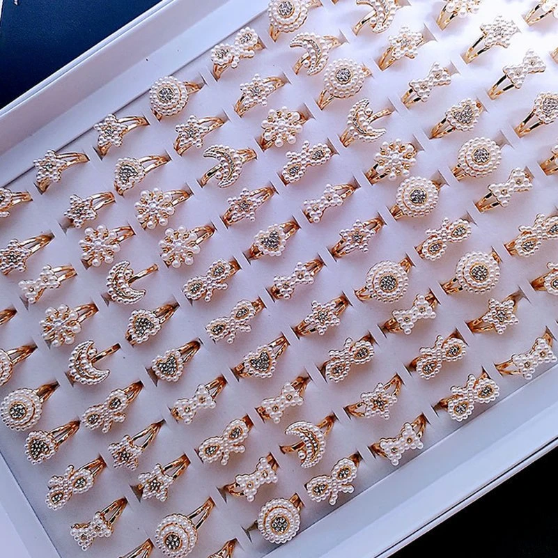 10pcs/Lot Fashion Pearl Crystal Rings for Women Men Mix Style Bowknot