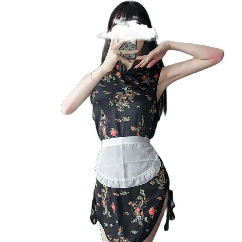

Cute maid dress up sexy slit straps ultra-short cheongsam erotic lingerie retro cheongsam dress