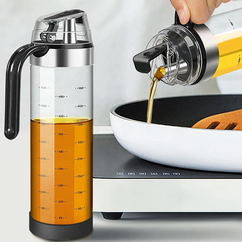 Large Olive Oil Dispenser Bottle Auto Flip Condiment Container Automatic Cap and Leakproof Vinegar Glass Cruet
