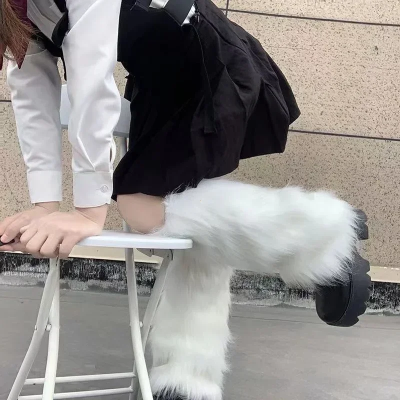 

Furry Leg Warmers Y2K Goth White Faux Fur Leg Warmers Boot Covers Lady Cute Jk Knee-length Hipster Warm Sock Fashion Socks