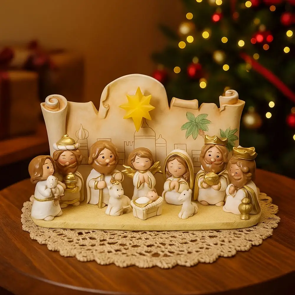 Resin Nativity Manger Ornament Miniature Cartoon Nativity Figurine Hand Painted LED Lights Jesus Child Statue Home Decor