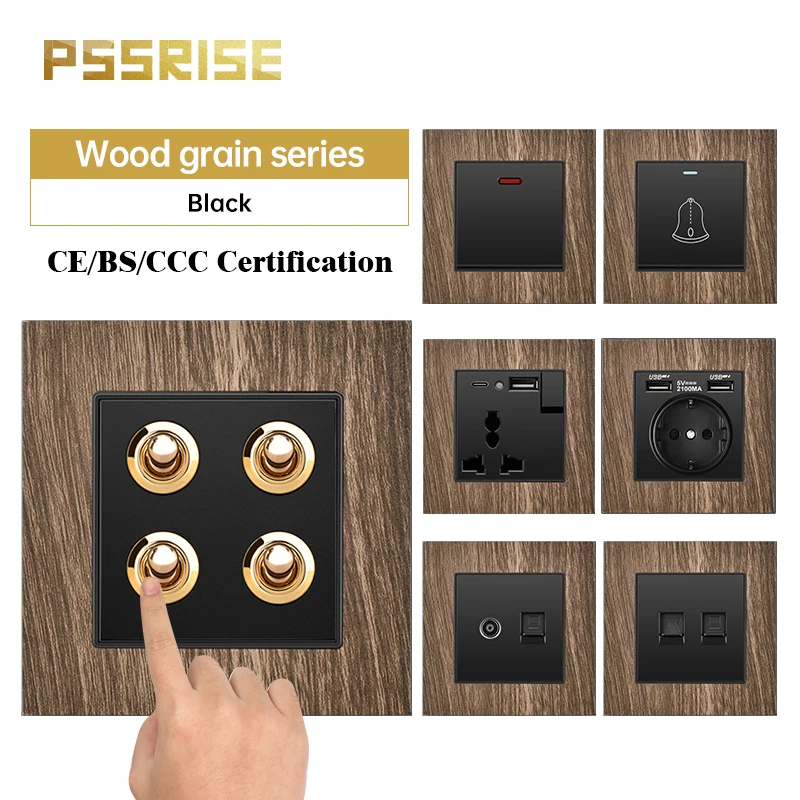 Pssrise ue ru uk Padrão Interruptor de Parede Soquete Liga Alumínio Grão Madeira Painel Luz Usb Tomada para tv Aquecedor Água