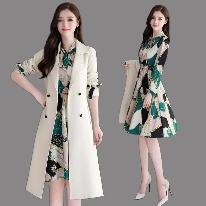 Spring Autumn Plus Size Two Piece Sets Women Dress + Long Sleeve Trench Coat Casual Elegant Printing Dresses Suits J271 |