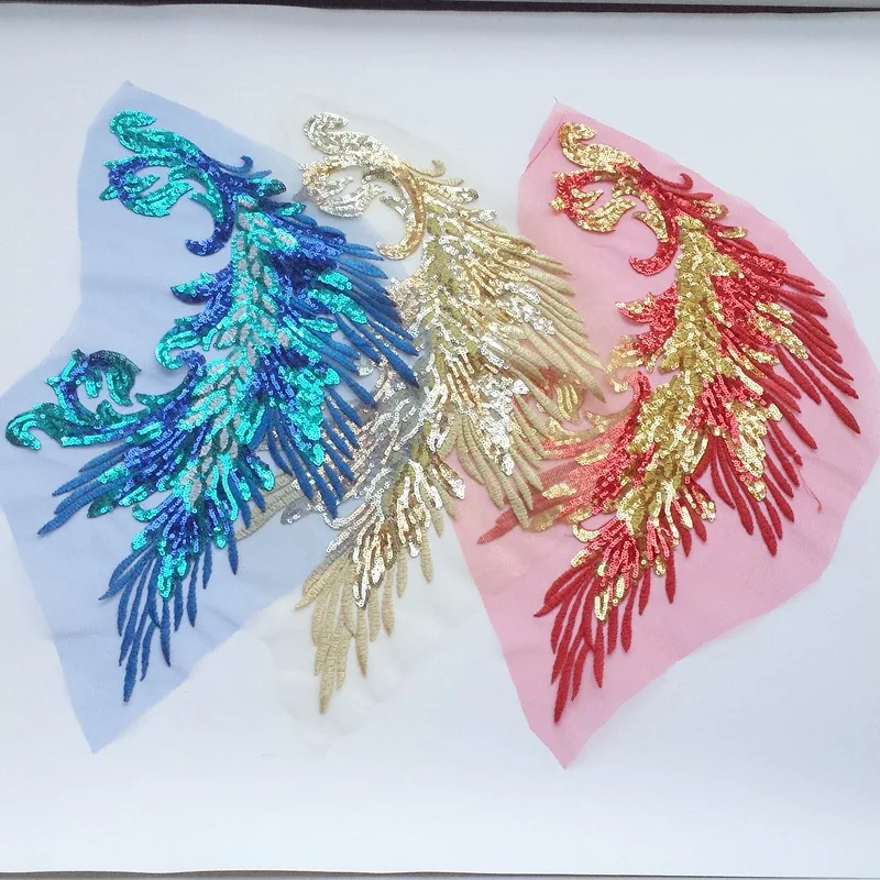 40x25cm Phoenix Tail Feather Sequined Embroidery Patches DIY Cloth Applique Material for Classic Fashion Dresses Stage Costumes