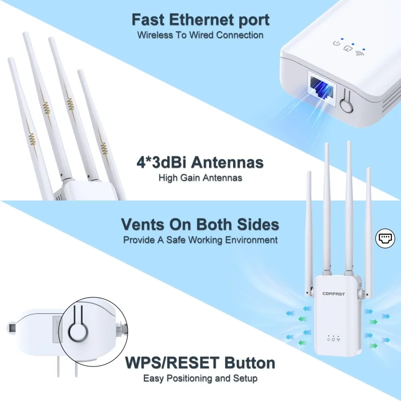Extensor de Sinal de Longo Alcance sem Fio Amplificador Poderoso Wi-fi Booster Repetidor Roteador 1200mbps 2.4g 5.8g 802.11ac - Imagem 4