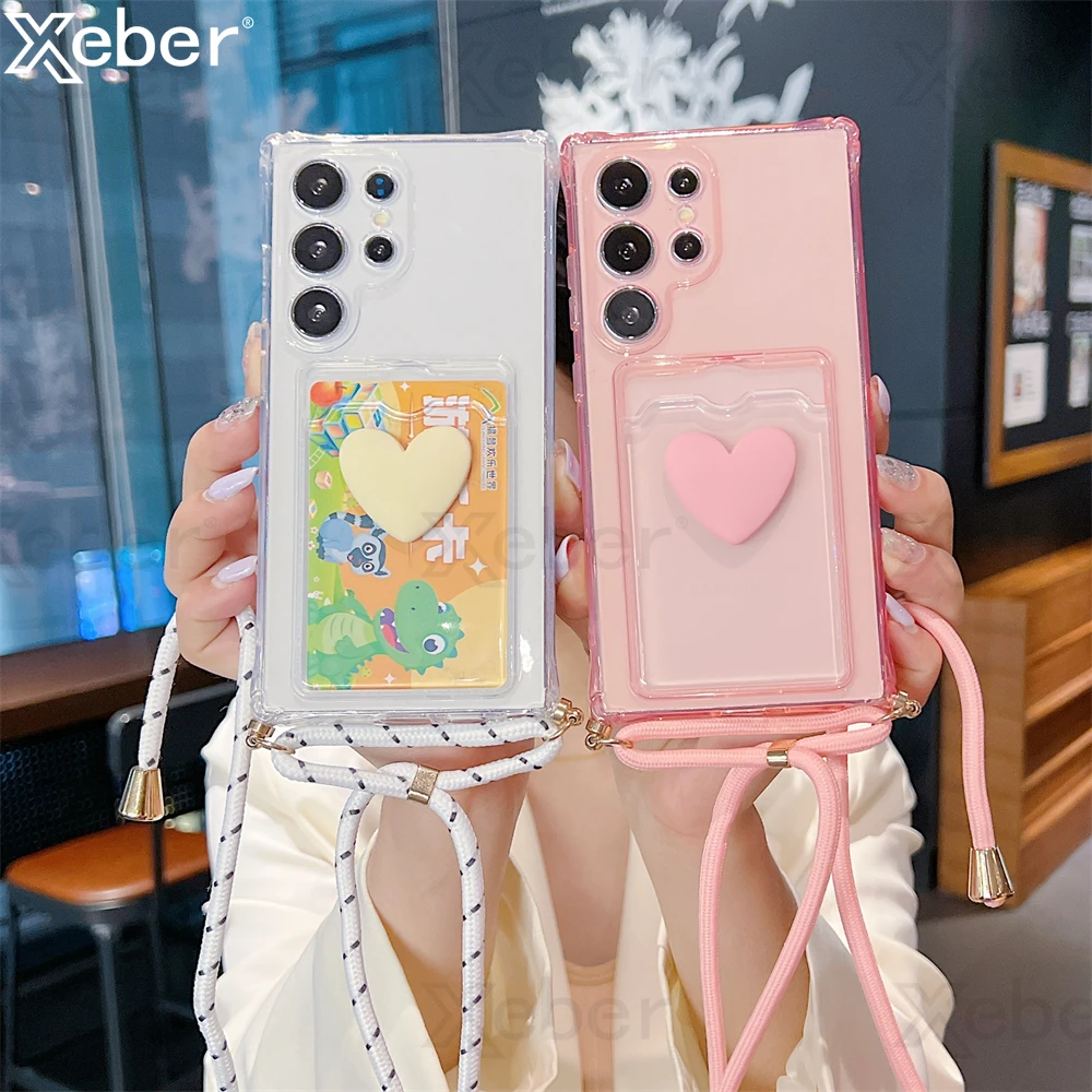Elegant Crossbody Necklace Strap with Love Heart Card Holder Wallet Case