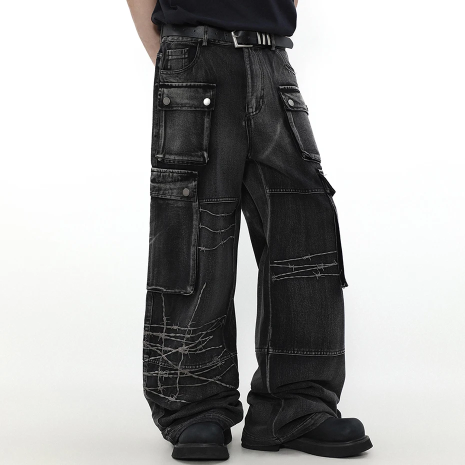 Loose Wide Leg Denim Pants Men Black Baggy Jeans Embroidery Multi Pocket Oversized Cargo Jeans Hip Hop Streetwear Man Jeans 2