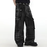 Loose Wide Leg Denim Pants Men Black Baggy Jeans Embroidery Multi Pocket Oversized Cargo Jeans Hip Hop Streetwear Man Jeans 2