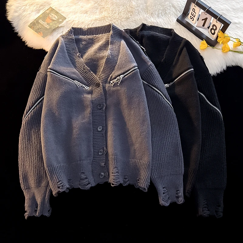 

Винтажный вязаный кардиган 2024, свитер, мужские однотонные свободные Джемперы, свитеры в стиле хип-хоп, осенние куртки, новинка Z58