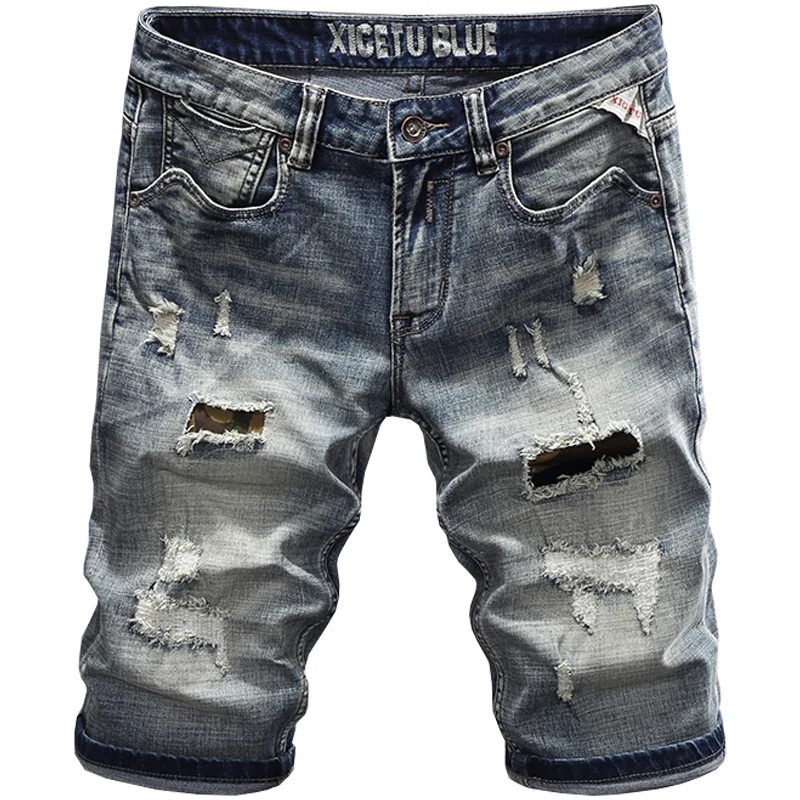 Fashion Vintage Men Jeans Patchwork Designer Retro Blue Elastic Slim Fit Ripped Short Jeans High Quality Casual Denim Shorts Men