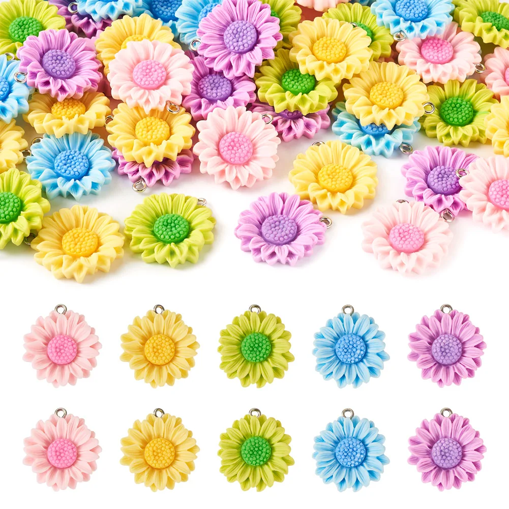 

50Pcs/Box 24mm Simulation Sunflower Resin Charms Colorful Flower Pendants for Necklace Earrings Bracelet Jewelry Making Supplies