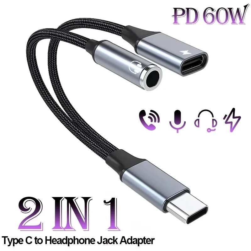 2-in-1 PD 60W USB C타입 - 3.5mm 헤드폰 C타입 충전 연장 어댑터 ..