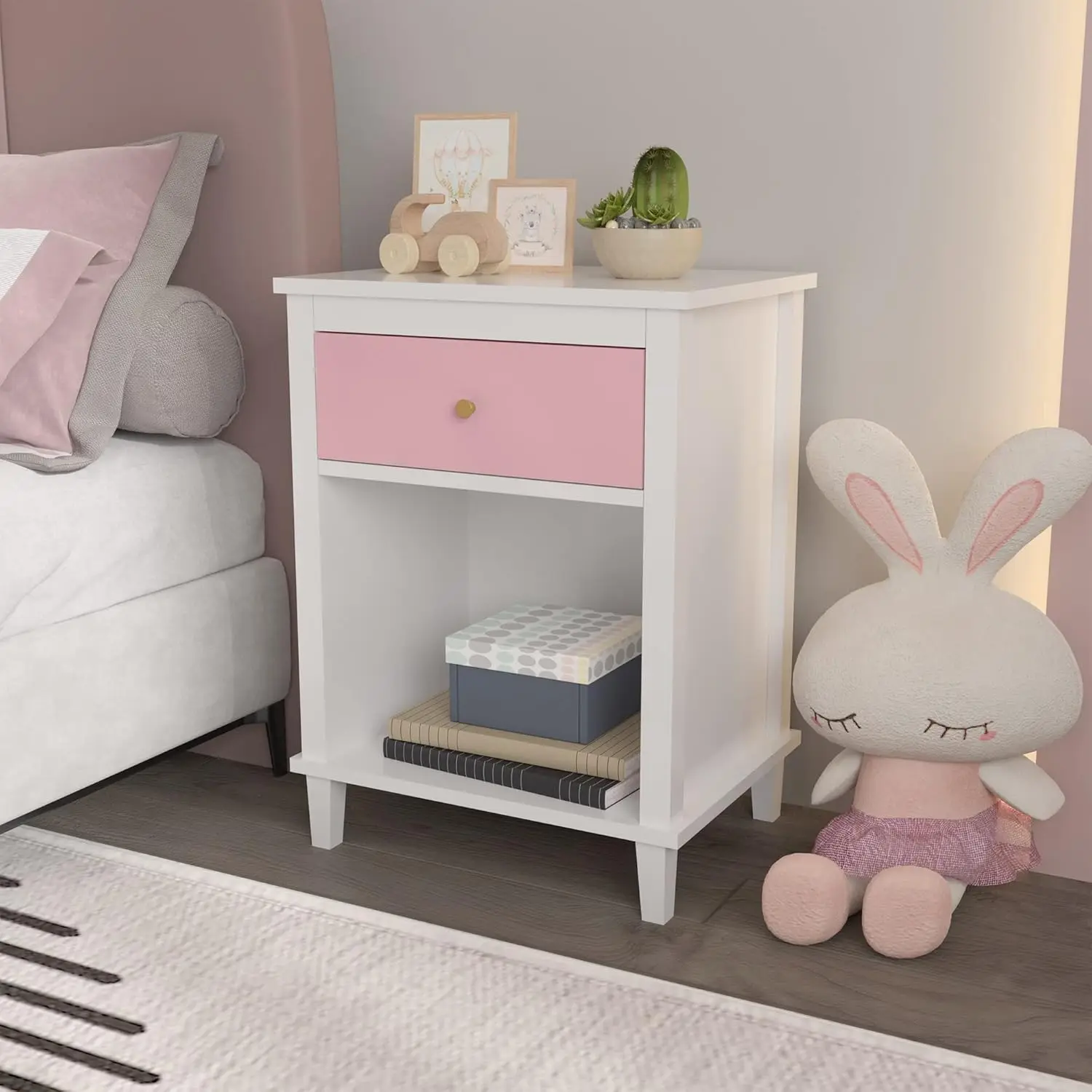 Drawer One Shelf,End Table for Bedroom,Bed Side Table for Kids, Adults,Guest Room Children&rsquo;s Room,Easy Assembly(Pink)