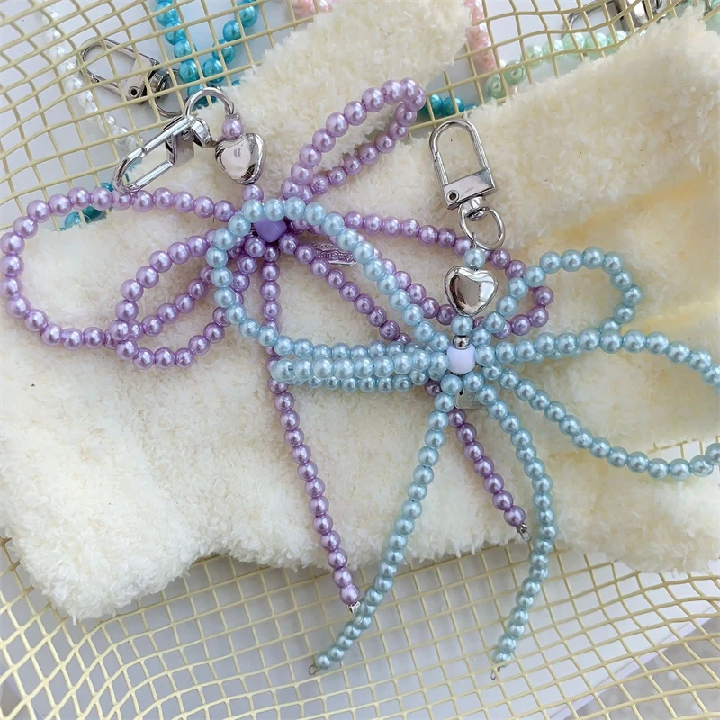 한국 Y2K 진주 나비매듭 휴대폰 참 펜던트 키체인, 아이폰 15 삼성 화웨이 액세서리, 여성 소녀 스트랩 랜야드 펜던트