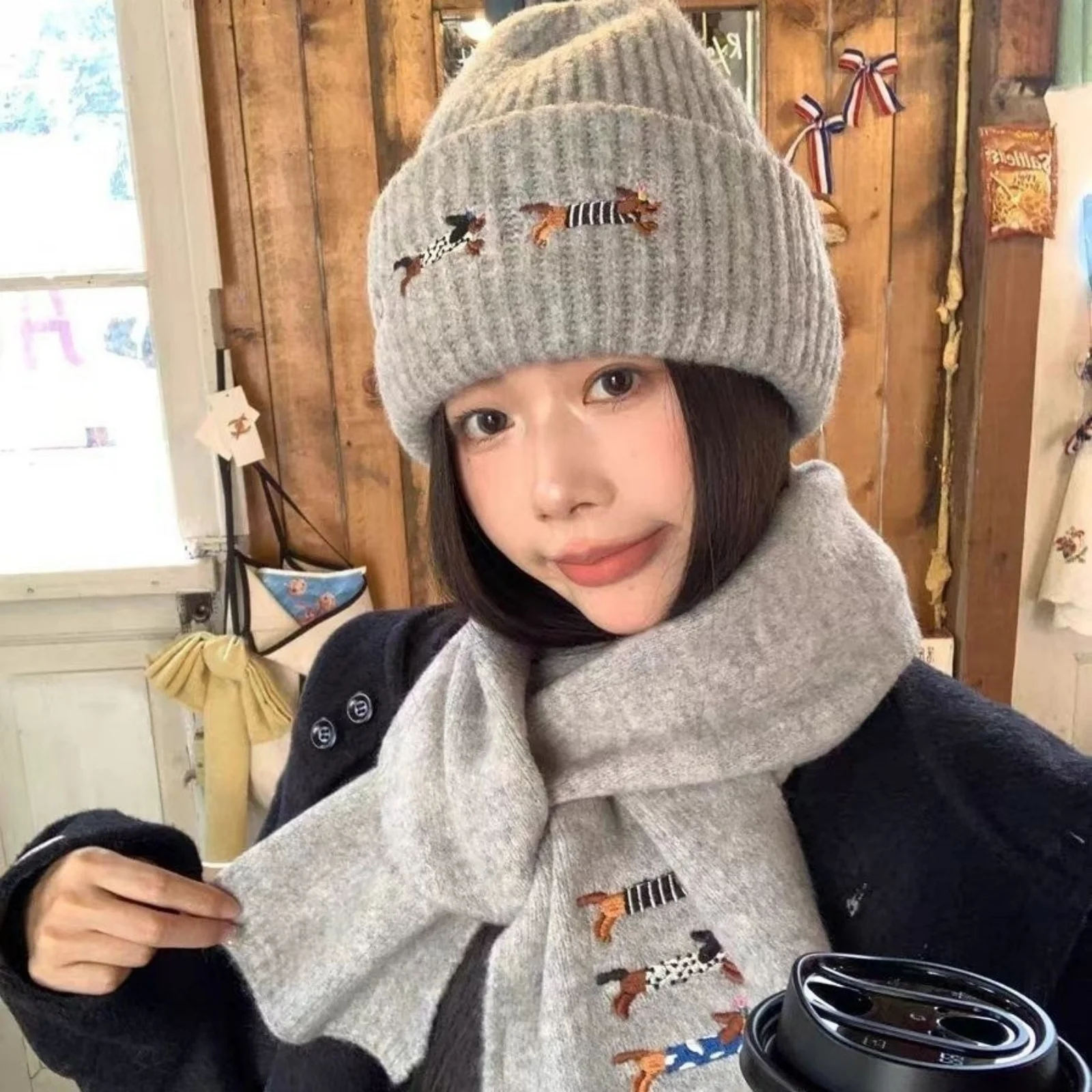 Dog Embroidery Hat Scarf Set, 2-in-1 Knit Winter Warm Set,Cute Animal Pattern Accessories, Stylish Women's Cold Weather