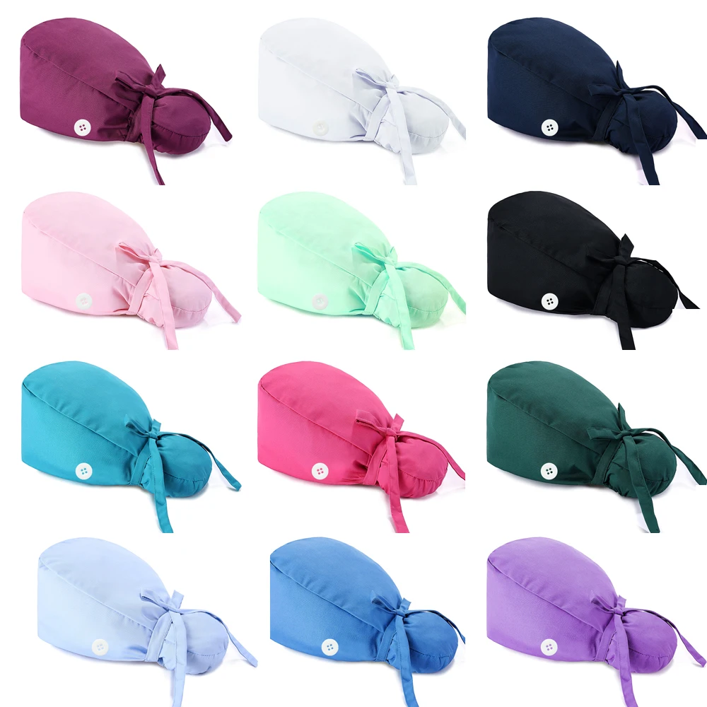 

Scrub Cap With Buttons Bouffant Hat With Sweatband for Womens and Mens Unisex Solid Adjustable Elastic multicolor scrubs hats