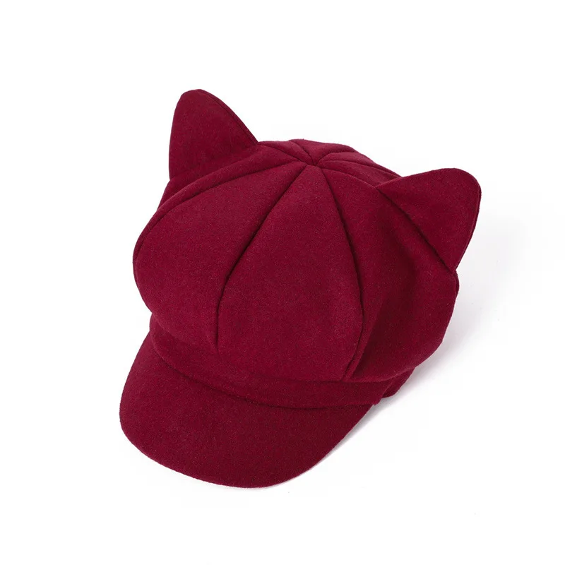 Women's Cat Ears Octagonal Solid Color Autumn Winter Beret Street Casual Painter Fashion Trend Newspaper Children's Hat_voghion.com