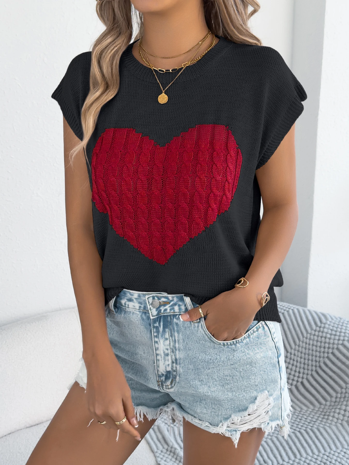 Womens Casual Heart Print Knitted Sweater