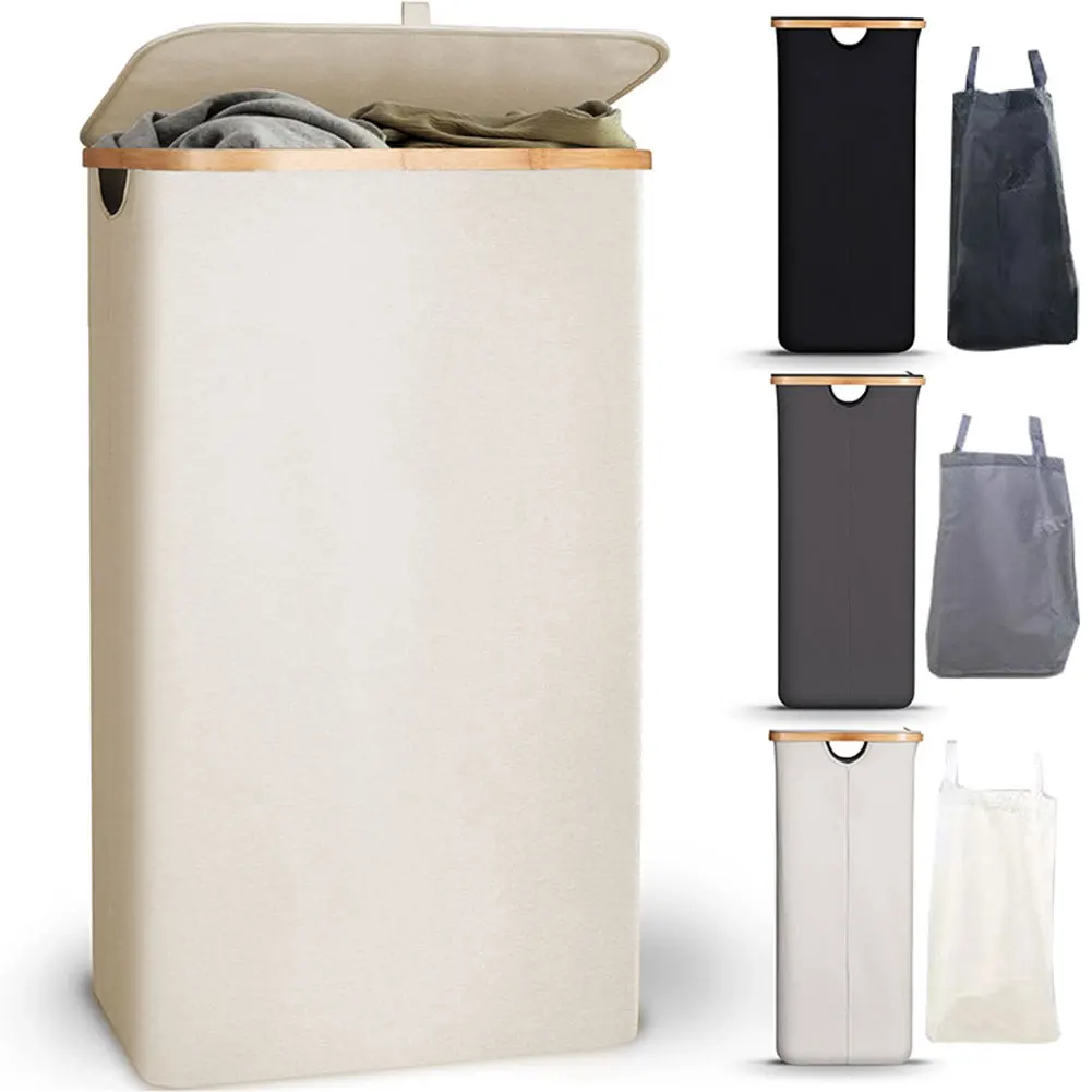 HOMCOM Cesta para la Colada de Bambú Capacidad de 55L Cesto para Ropa Sucia  con 2 Asas y Bolsa Extraíble 50x36x60 cm Natural