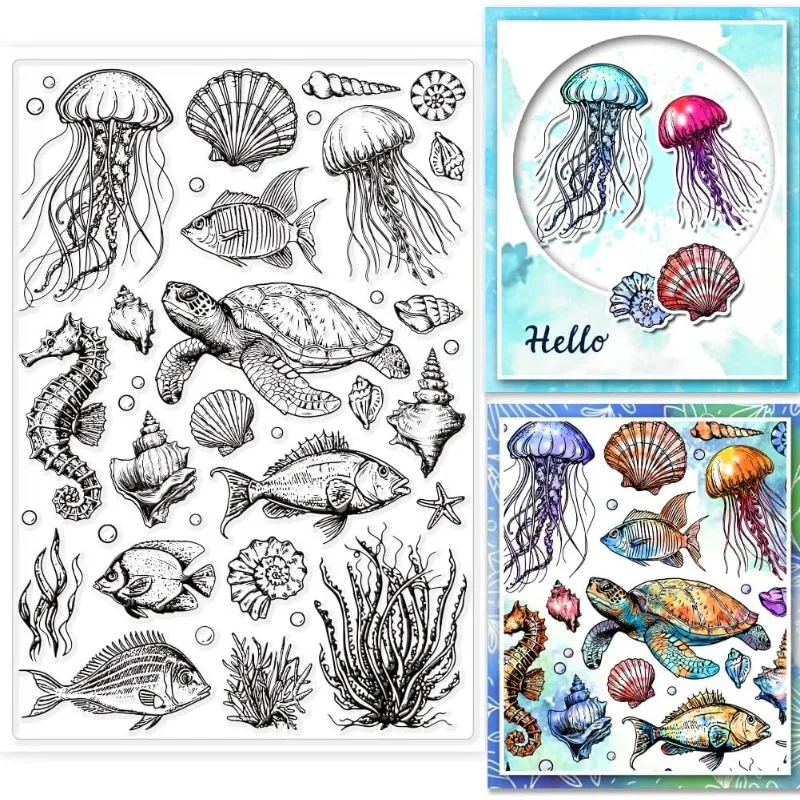 Marine Life Background Clear Stamps Ocean Animals Clear Rubber Stamps Silicone 1pc clear stamps clear rubber stamps For DIY Scrapbooking 6.3x4.33inch